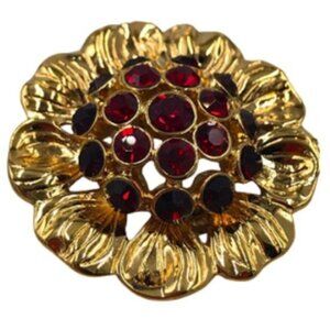Monet Brooch Gold-tone Ruby Red Rhinestones Signed 1-1/2" x 3/8"